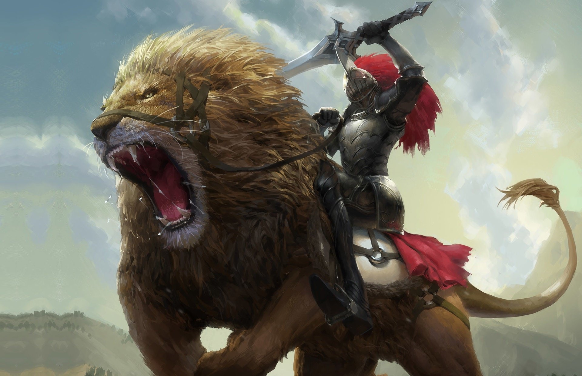 A fantasy warrior in shining armor and red plume rides a roaring lion into battle, captured in an epic HD desktop wallpaper background.