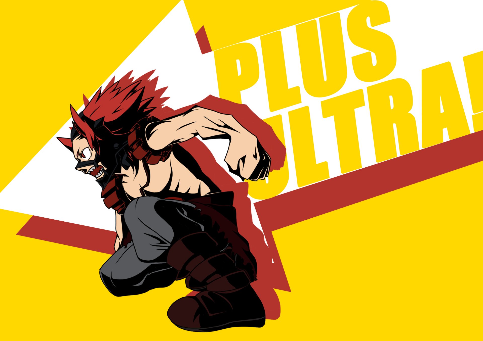 Eijiro Kirishima from the My Hero Academia anime charges forward against a bold yellow background with 'PLUS ULTRA' text — 2K Quad HD PC desktop wallpaper.
