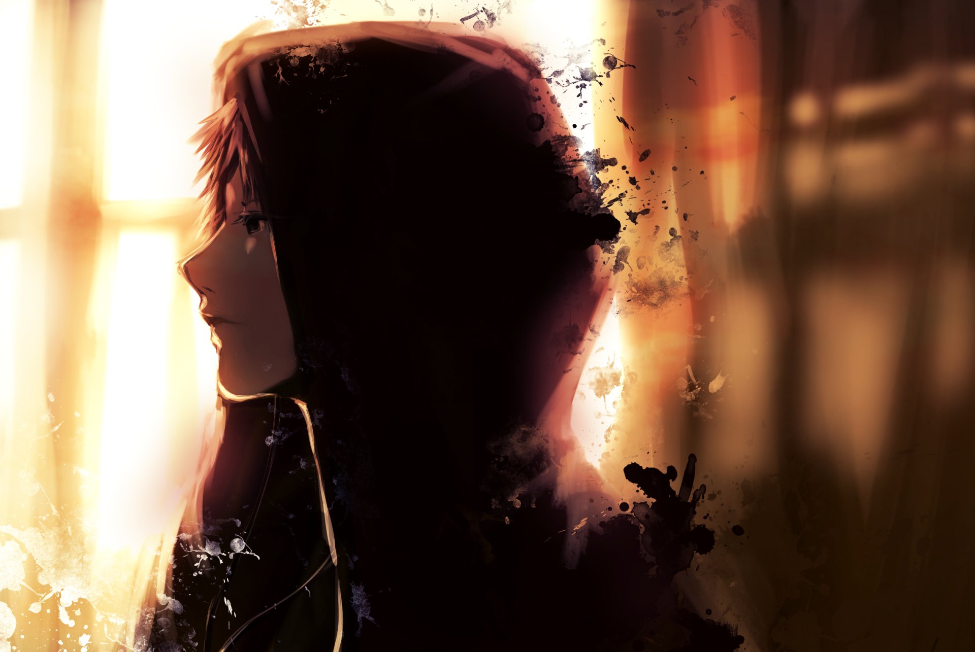 HD desktop wallpaper featuring an anime character with brown short hair wearing a hoodie, set against a moody, partially lit background.