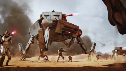 Stormtroopers and an AT-AP (All Terrain Attack Pod) engage in a battle on a desert landscape in this HD Star Wars sci-fi wallpaper.