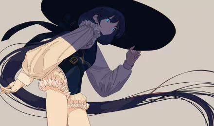 Anime character with long hair and blue eyes, wearing a large hat and detailed outfit. The HD wallpaper showcases an original design, blending intricate clothing features with flowing, expressive lines.