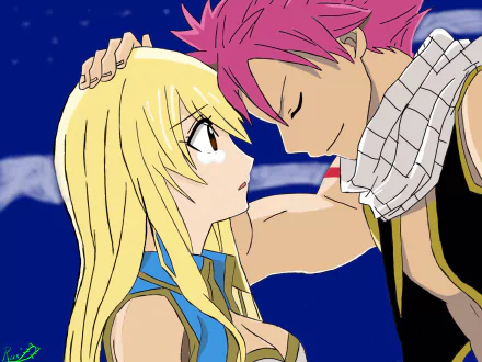 HD PC desktop wallpaper featuring Lucy Heartfilia and Natsu Dragneel from the anime Fairy Tail sharing an intimate moment under a night sky.