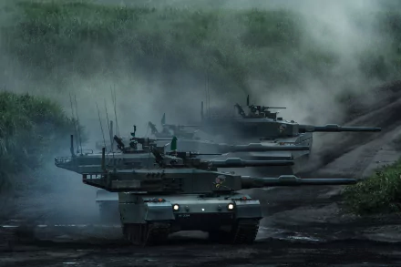 A 4K Ultra HD desktop wallpaper showing multiple Type 10 Hitomaru military tanks advancing through a foggy, forested terrain.