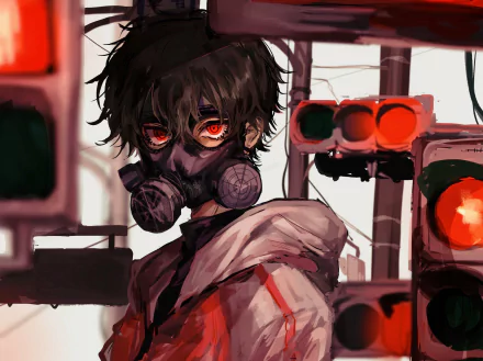 HD anime desktop wallpaper featuring a dark-haired boy with red eyes wearing a gas mask, set against a background of blurred traffic lights.