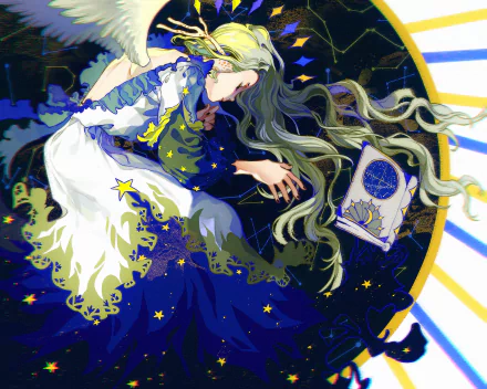 Anime-style HD desktop wallpaper of a long-haired character with green hair, angelic wings, surrounded by stars, holding an open book against a celestial background.
