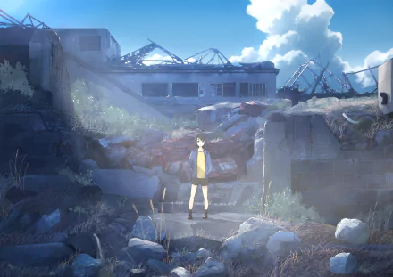 A high-definition anime wallpaper depicting an original character with long black hair and black eyes, standing amidst a detailed, ruined cityscape under a bright blue sky with scattered clouds.