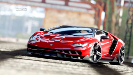 High-definition PC desktop wallpaper featuring a red Lamborghini from the video game Forza Horizon 4 in sharp, detailed graphics.