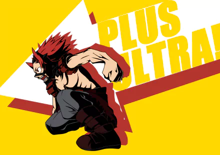 Eijiro Kirishima from the My Hero Academia anime charges forward against a bold yellow background with 'PLUS ULTRA' text — 2K Quad HD PC desktop wallpaper.