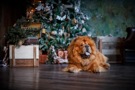 Chow Chow dog (Animal) lounging on hardwood in front of a decorated tree — warm festive scene, 2K Quad HD PC desktop wallpaper/background.