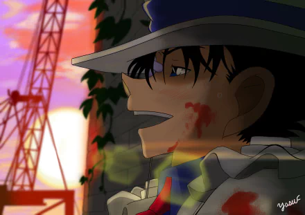 HD anime wallpaper featuring Kaito Kuroba from Detective Conan, showcasing a close-up with vibrant sunset and construction cranes in the background.