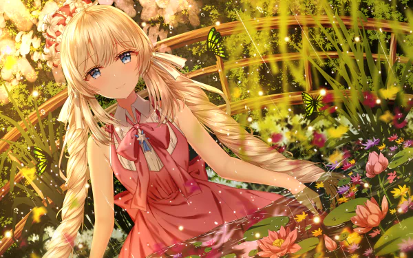 HD desktop wallpaper featuring Marie Antoinette from Fate/Grand Order, depicted with twintails, sitting among lush flowers in a radiant, garden scene.