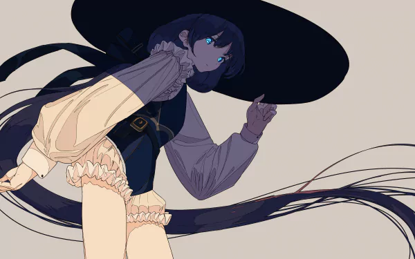 Anime character with long hair and blue eyes, wearing a large hat and detailed outfit. The HD wallpaper showcases an original design, blending intricate clothing features with flowing, expressive lines.