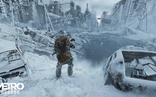A 4K Ultra HD PC desktop wallpaper from the video game Metro Exodus, depicting a lone figure exploring a snowy, post-apocalyptic urban landscape.