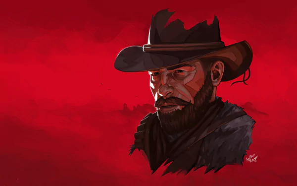 A striking 4K Ultra HD wallpaper featuring Arthur Morgan, the iconic character from the video game Red Dead Redemption 2, set against a bold red backdrop.