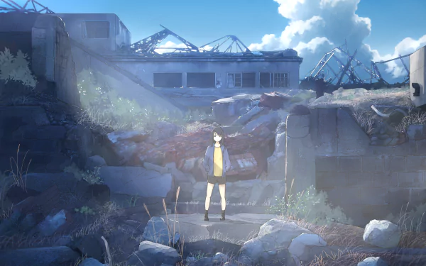 A high-definition anime wallpaper depicting an original character with long black hair and black eyes, standing amidst a detailed, ruined cityscape under a bright blue sky with scattered clouds.