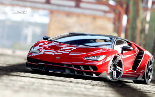 High-definition PC desktop wallpaper featuring a red Lamborghini from the video game Forza Horizon 4 in sharp, detailed graphics.