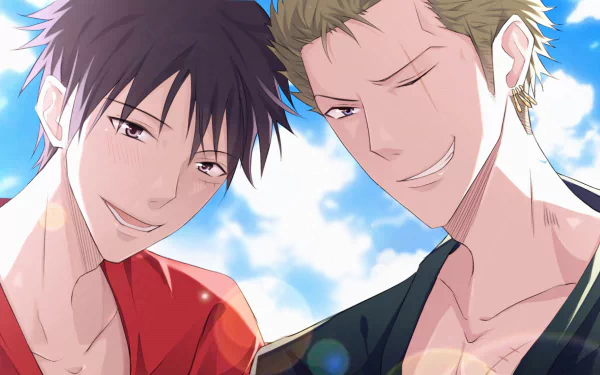 HD PC desktop wallpaper/background of One Piece anime featuring Monkey D. Luffy and Roronoa Zoro smiling together against a bright blue sky