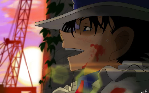 HD anime wallpaper featuring Kaito Kuroba from Detective Conan, showcasing a close-up with vibrant sunset and construction cranes in the background.