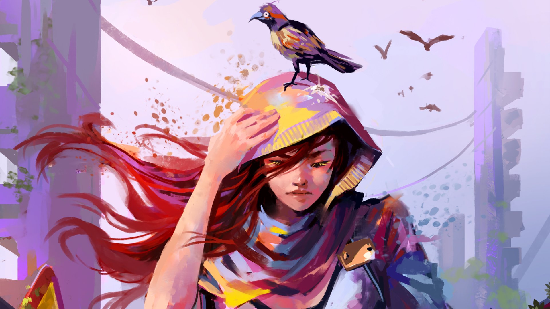 HD fantasy desktop wallpaper of a woman with long red hair wearing a hood, with a colorful bird perched on her head against a cityscape backdrop.