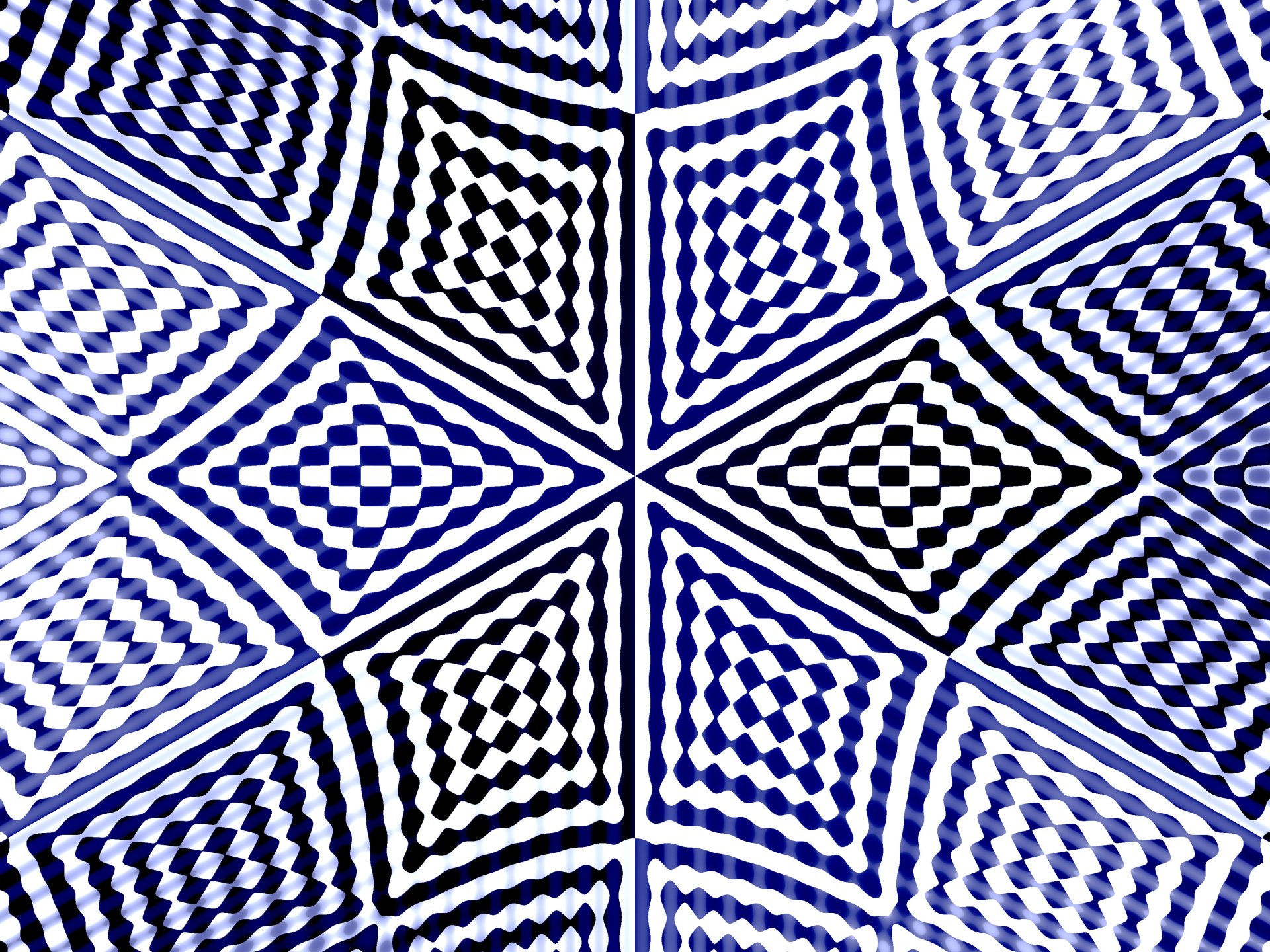 4K Ultra HD PC desktop wallpaper and background: abstract kaleidoscope of concentric diamond grids in blue, black and white forming an optical checkerboard with radial symmetry.