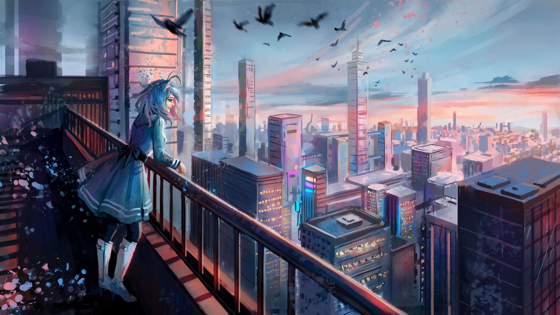 A fantasy-themed HD desktop wallpaper featuring a woman with blue hair in a dress and boots, standing on a city rooftop balcony at sunset with birds flying overhead.