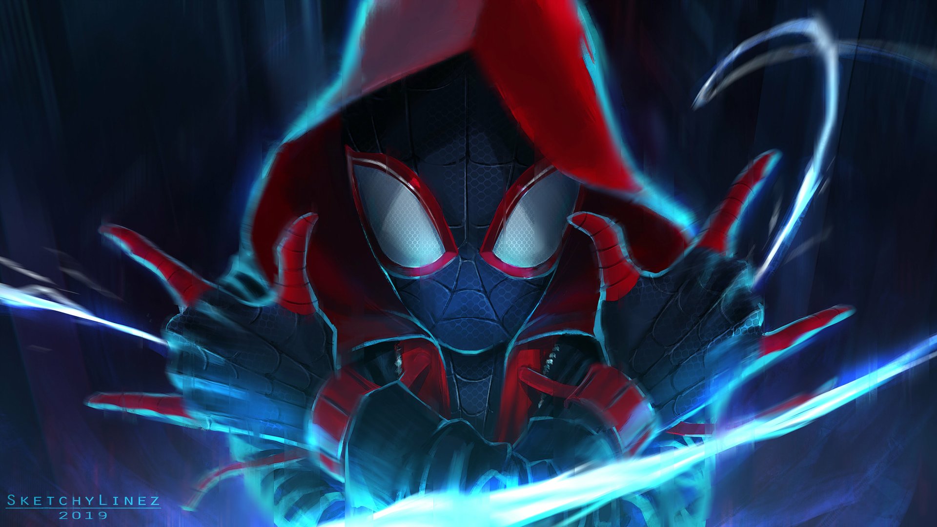 HD wallpaper featuring Miles Morales from the movie Spider-Man: Into The Spider-Verse in his Spider-Man suit with a red hood, surrounded by vibrant blue energy.