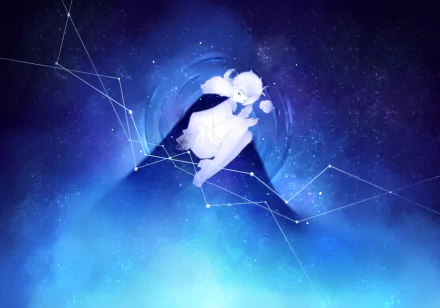 Atsushi Nakajima (Bungou Stray Dogs) curled inside a glowing blue orb above a dark triangle, surrounded by constellations and a starfield — 2K Quad HD PC wallpaper.