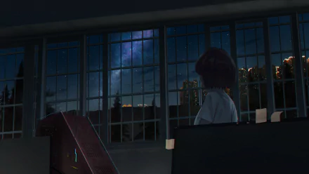 Anime-style HD wallpaper featuring a character with short brown hair looking out of large windows at a night cityscape and the starry sky.