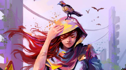 HD fantasy desktop wallpaper of a woman with long red hair wearing a hood, with a colorful bird perched on her head against a cityscape backdrop.