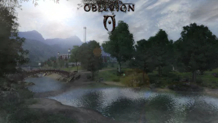 HD PC desktop wallpaper and background for the video game The Elder Scrolls IV: Oblivion — lush riverside landscape, trees, distant town and the Oblivion logo under a cloudy sky.