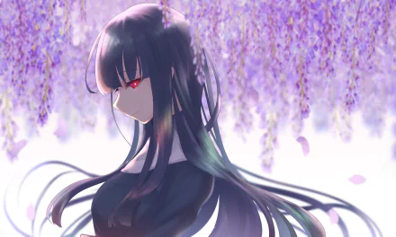 Fujino Asagami (The Garden of Sinners) — anime portrait of a dark-haired figure with red eyes and flowing hair beneath cascading purple wisteria, HD PC desktop wallpaper/background.