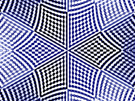 4K Ultra HD PC desktop wallpaper and background: abstract kaleidoscope of concentric diamond grids in blue, black and white forming an optical checkerboard with radial symmetry.