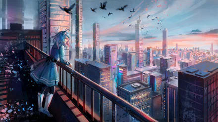 A fantasy-themed HD desktop wallpaper featuring a woman with blue hair in a dress and boots, standing on a city rooftop balcony at sunset with birds flying overhead.