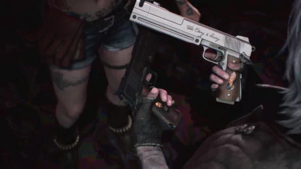 Nico and Dante (Devil May Cry) exchange pistols in a dark cinematic shot — Devil May Cry 5 video game scene rendered as a 4K Ultra HD PC desktop wallpaper.