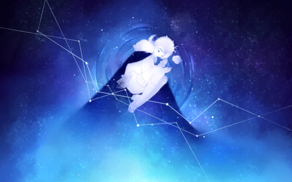 Atsushi Nakajima (Bungou Stray Dogs) curled inside a glowing blue orb above a dark triangle, surrounded by constellations and a starfield — 2K Quad HD PC wallpaper.