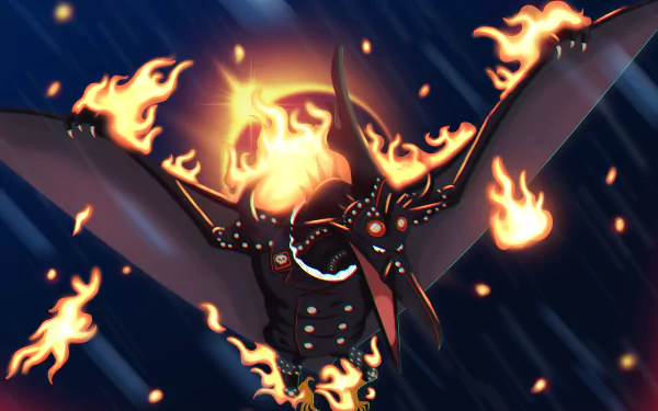 King (One Piece) in flaming, winged form, roaring through embers and rain — Anime 4K Ultra HD PC desktop wallpaper/background.