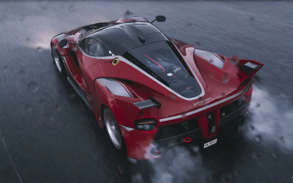Red Ferrari FXX K supercar racing on wet pavement in The Crew 2 video game, showcased in 4K Ultra HD desktop wallpaper quality.