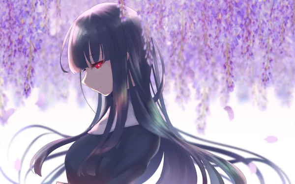 Fujino Asagami (The Garden of Sinners) — anime portrait of a dark-haired figure with red eyes and flowing hair beneath cascading purple wisteria, HD PC desktop wallpaper/background.