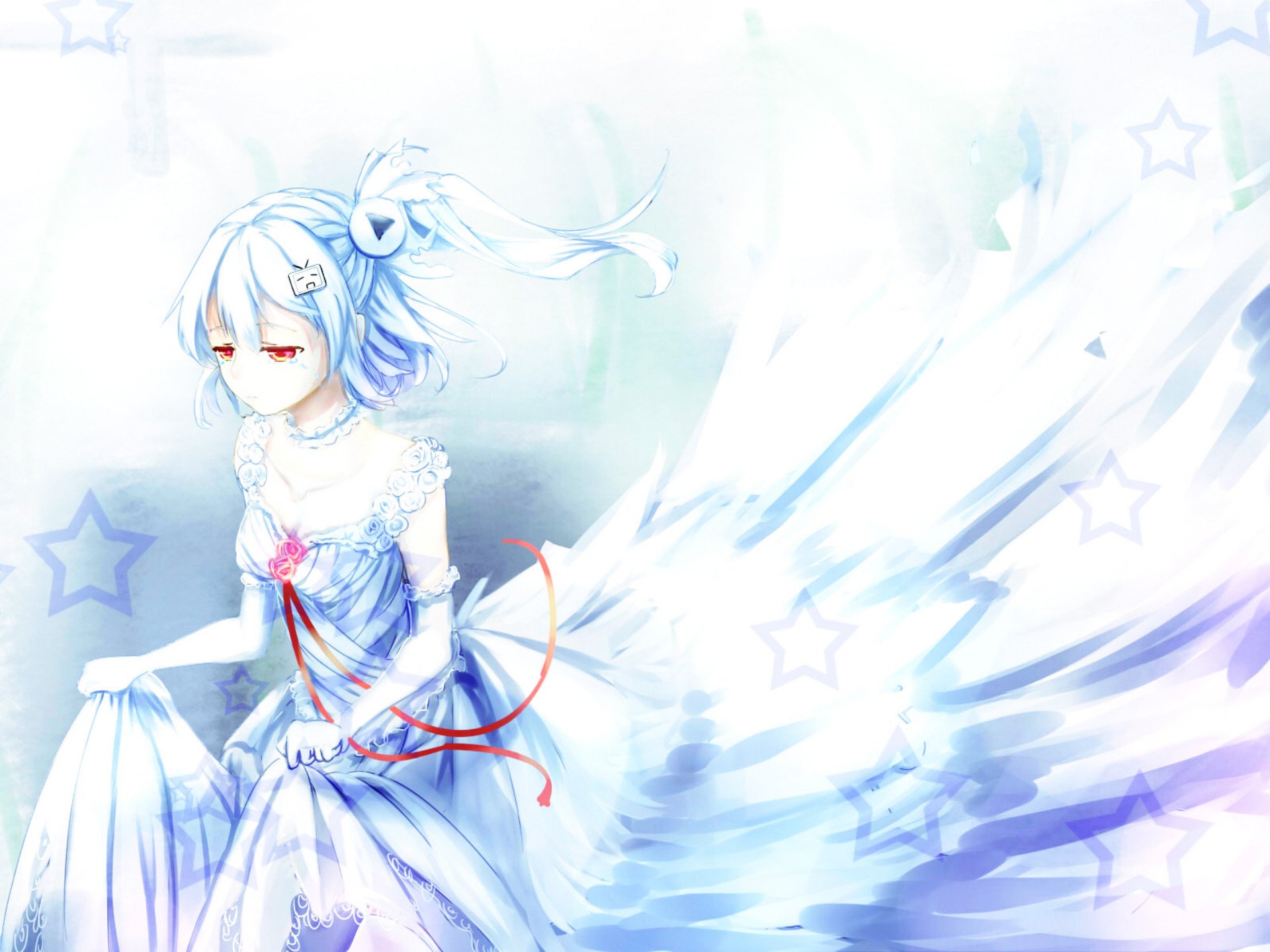 HD anime original artwork featuring a serene girl in a flowing white dress with soft blue and purple tones, designed as a PC desktop wallpaper background.