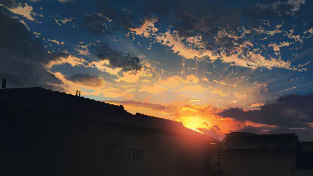 Anime-style sunset over rooftops, with golden clouds and a vibrant sky. This HD desktop wallpaper background captures a serene evening scene.