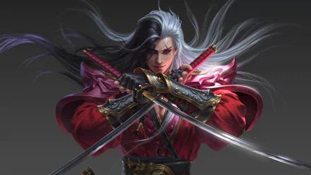 A fierce fantasy warrior with red eyes and long flowing hair wields two swords, dressed in a vibrant red samurai outfit, set against a dark background. High-definition artwork for desktop wallpaper.
