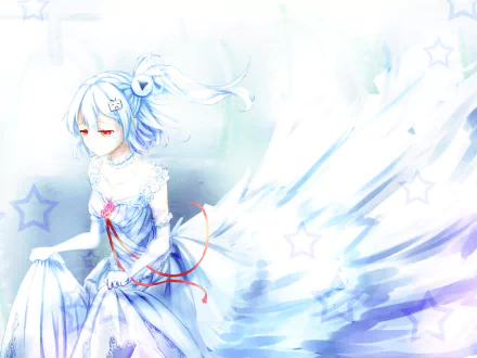 HD anime original artwork featuring a serene girl in a flowing white dress with soft blue and purple tones, designed as a PC desktop wallpaper background.