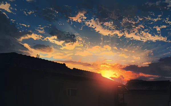 Anime-style sunset over rooftops, with golden clouds and a vibrant sky. This HD desktop wallpaper background captures a serene evening scene.