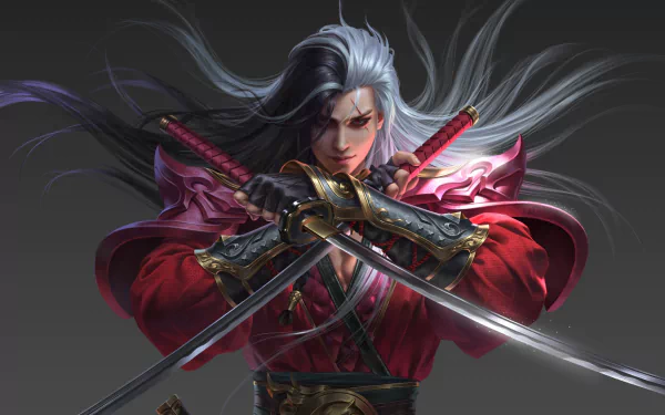 A fierce fantasy warrior with red eyes and long flowing hair wields two swords, dressed in a vibrant red samurai outfit, set against a dark background. High-definition artwork for desktop wallpaper.