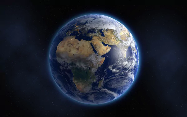 4K Ultra HD view of Earth from space, prominently showing the African continent surrounded by the planet's natural features and vast atmosphere.