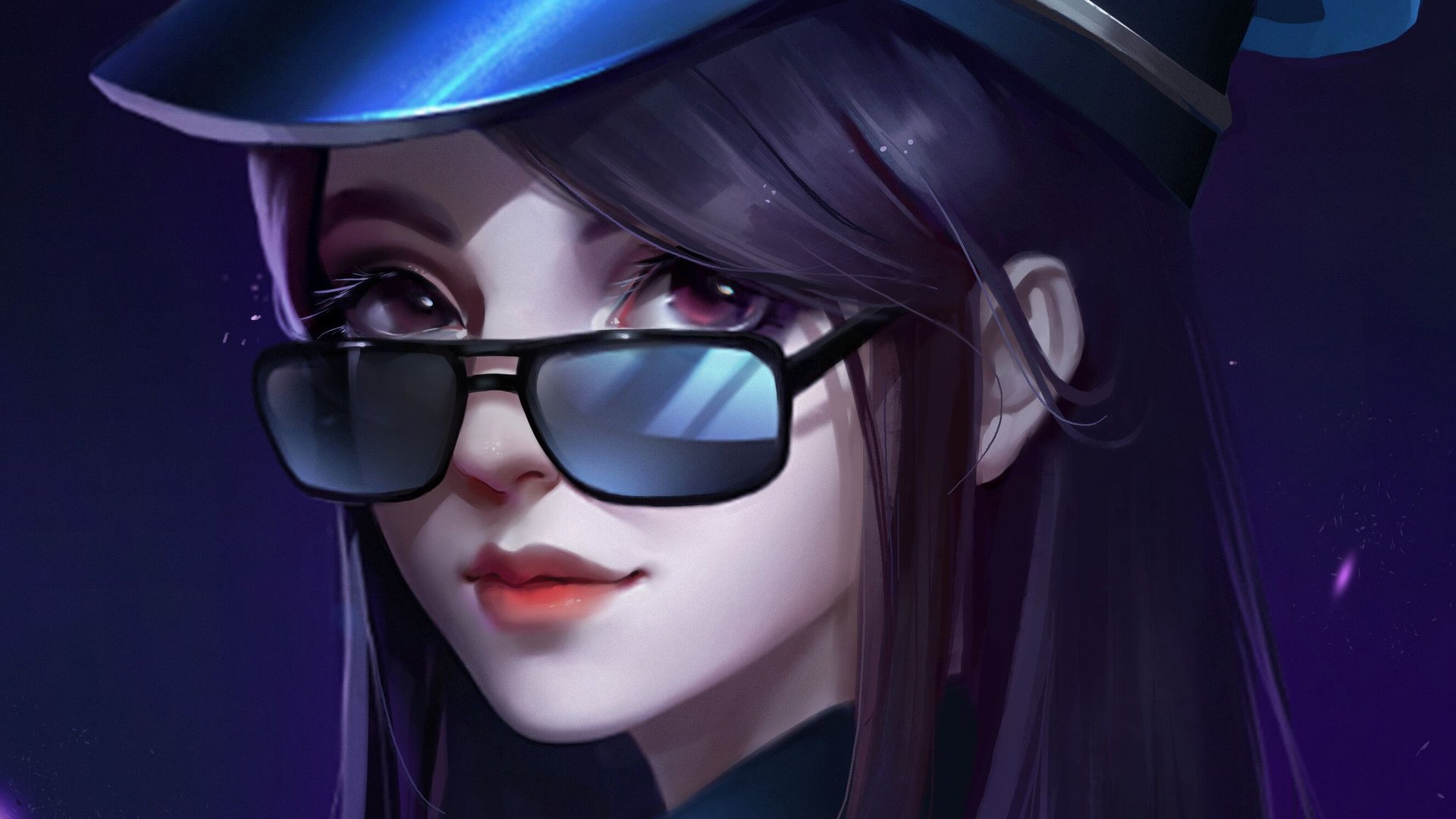 HD PC desktop wallpaper of Caitlyn from League of Legends, featuring her with glasses and a confident expression against a dark background.