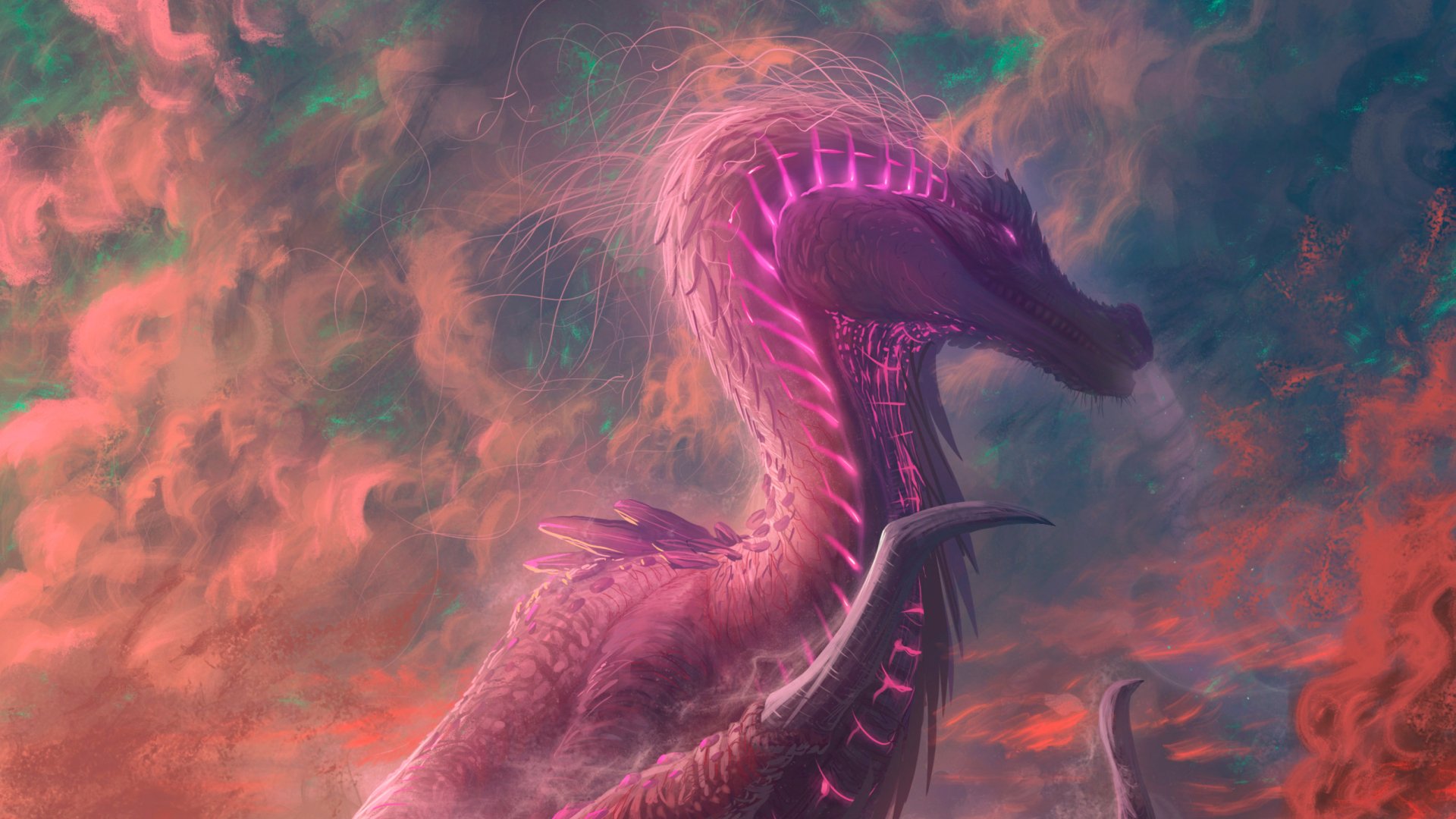 HD fantasy PC desktop wallpaper featuring a majestic dragon with glowing pink accents soaring through a vibrant, cloud-filled sky.