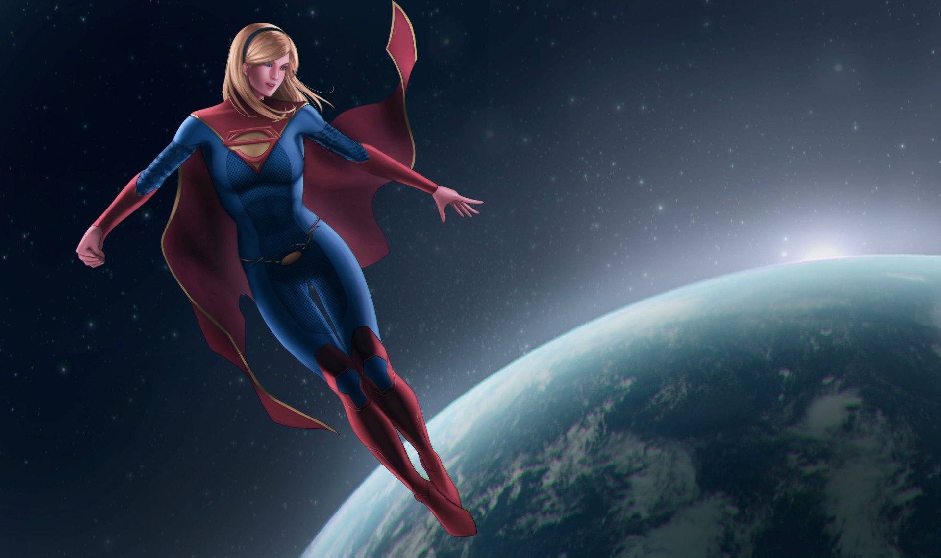 Supergirl (DC Comics comic) soars above Earth with her red cape streaming against a starry space sky — 2K Quad HD PC desktop wallpaper/background