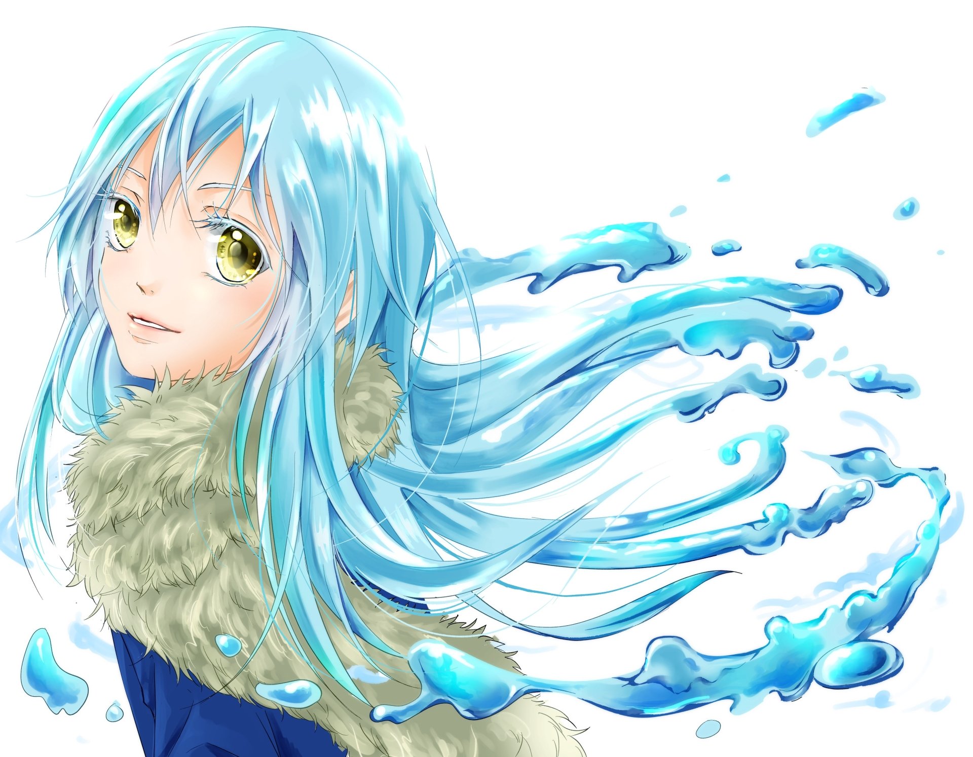 Rimuru Tempest from That Time I Got Reincarnated as a Slime — 4K Ultra HD PC desktop wallpaper: Rimuru smiling with flowing aqua hair that morphs into slime-like water tendrils.