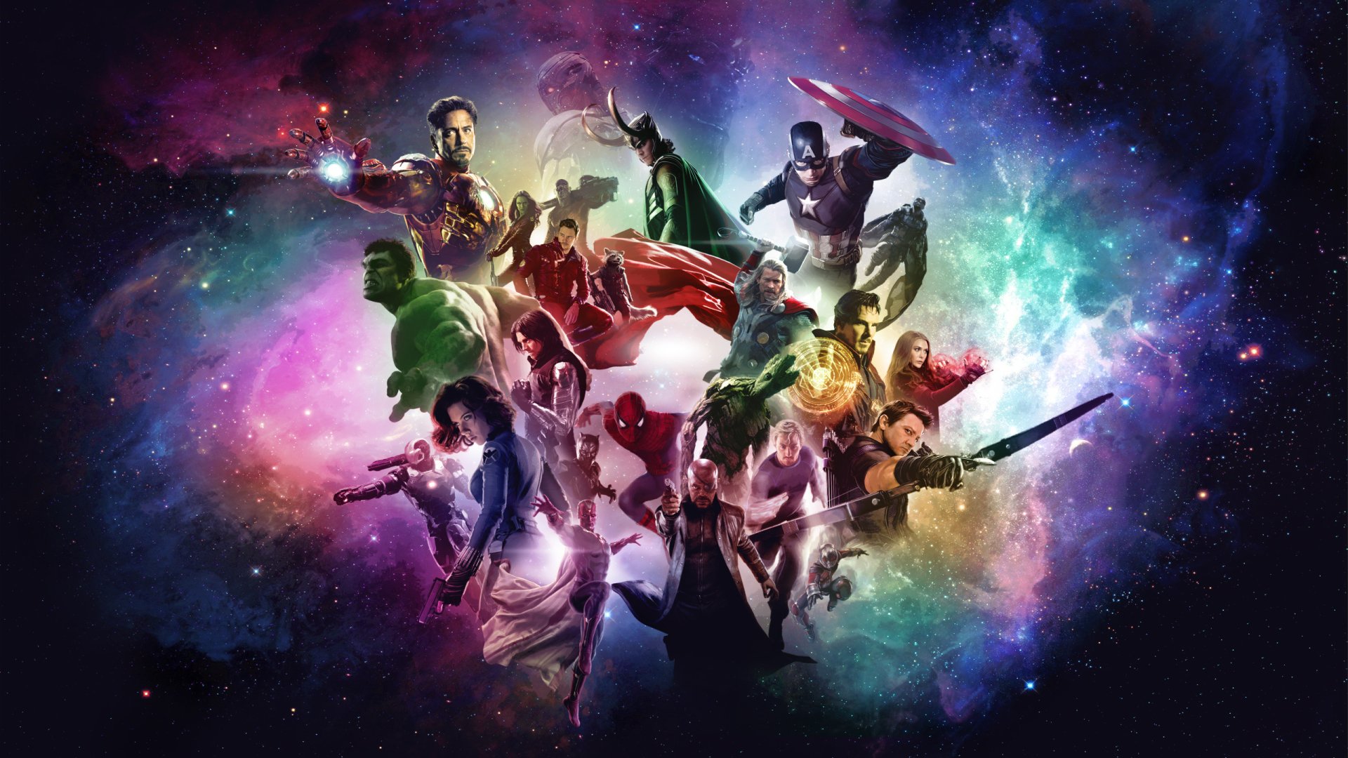 HD desktop wallpaper from Marvel Studios featuring an array of iconic movie characters in a dynamic and colorful cosmic background.